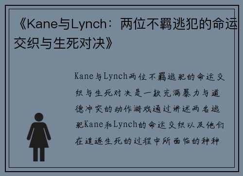 《Kane与Lynch：两位不羁逃犯的命运交织与生死对决》