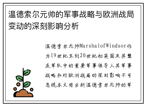 温德索尔元帅的军事战略与欧洲战局变动的深刻影响分析