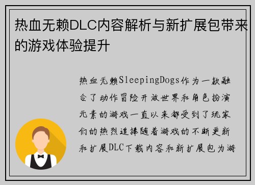 热血无赖DLC内容解析与新扩展包带来的游戏体验提升